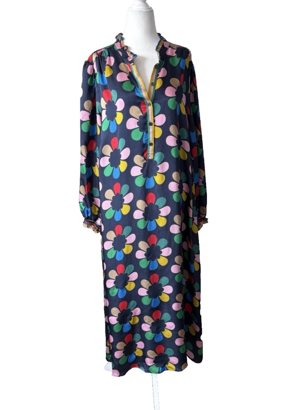 Boden Size 20-22R Jasmine Satin Midi Dress Floral Print Navy Multi Long Sleeve
